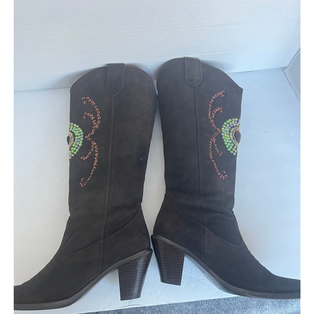 Colin Stuart Jeweled Sequin Western Brown Suede Knee High Pull On Boots Size 7 - Picture 4 of 14